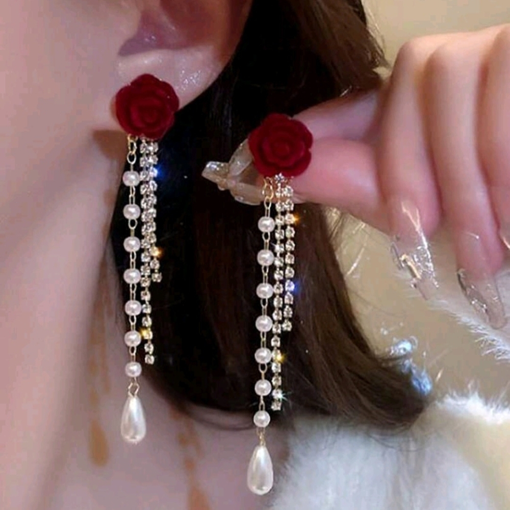 Elegant Red🌹Rose Faux Pearl & Rhinestone Chain Dangle Drop Earrings New!